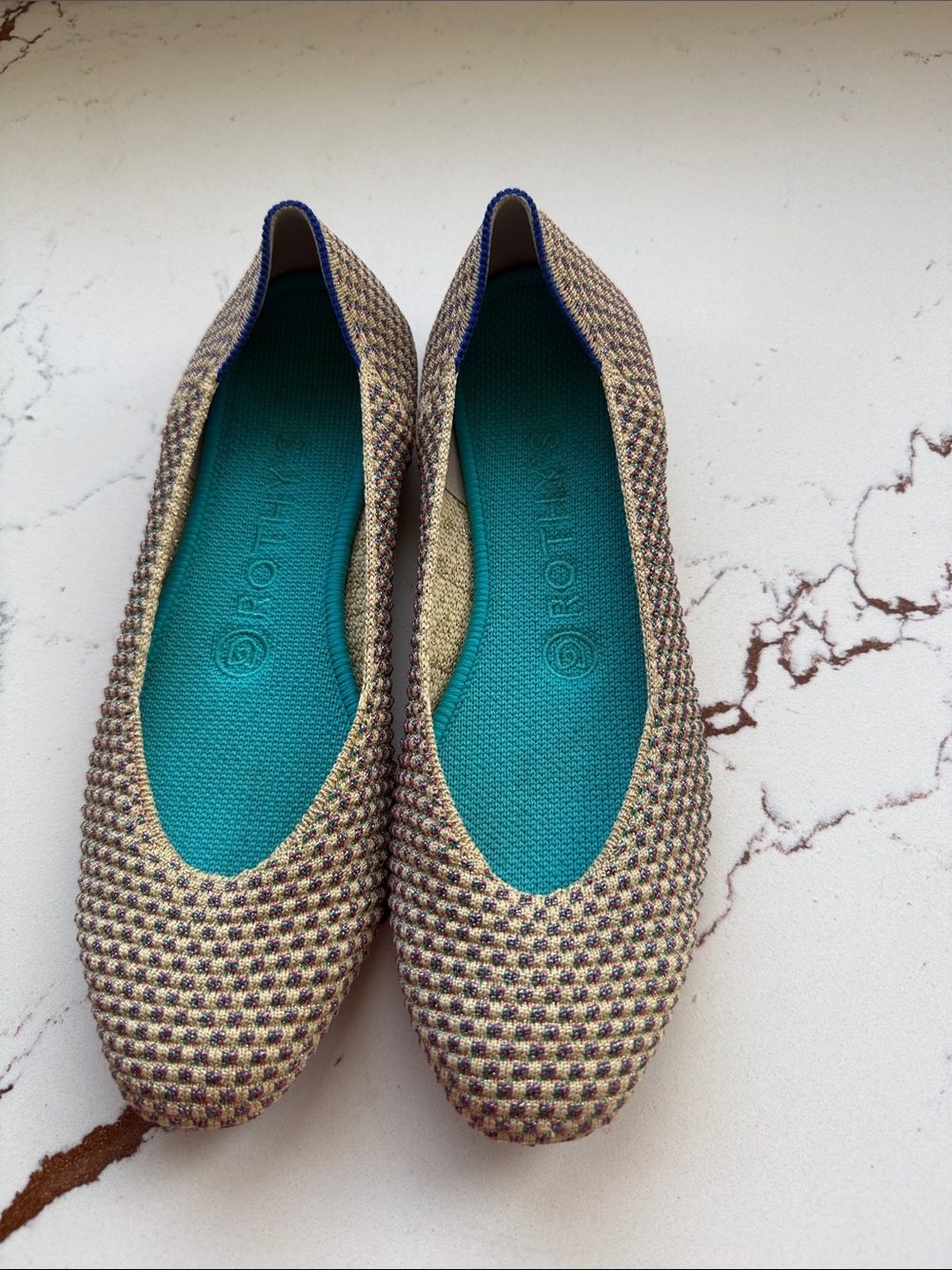 Rothy's Multicolor Knit square toed Flats with Teal Insole